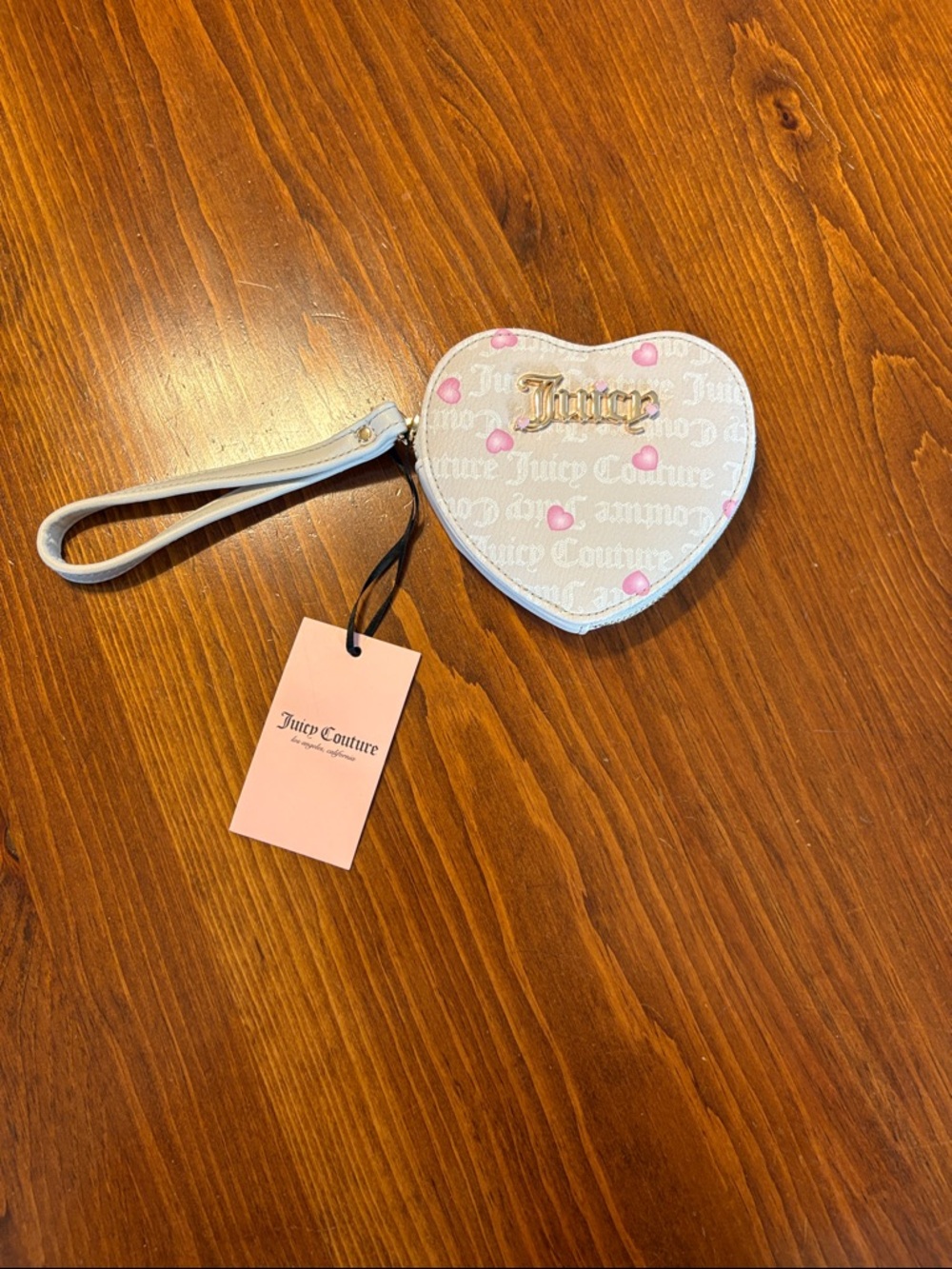 Juicy Couture Cream Heart Wristlet Coin Pouch with Pink Hearts
